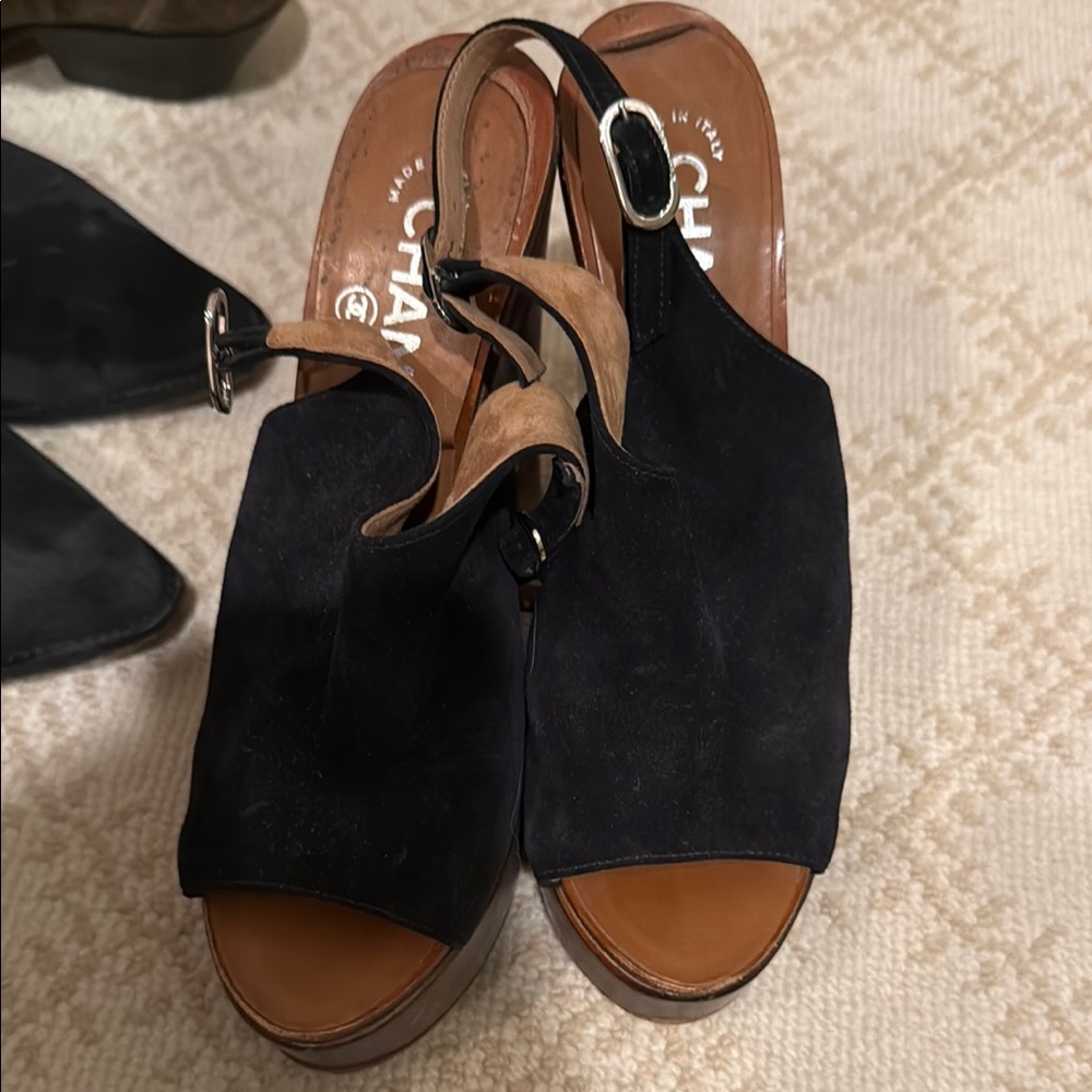 CHANEL Black and Brown Mules with Textured Upper